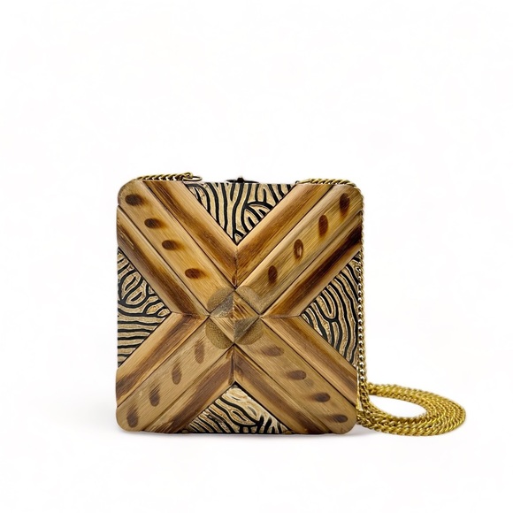 Vintage Handbags - Vintage Carved Wood African Safari Zebra Pattern Minaudière Crossbody Mini Purse